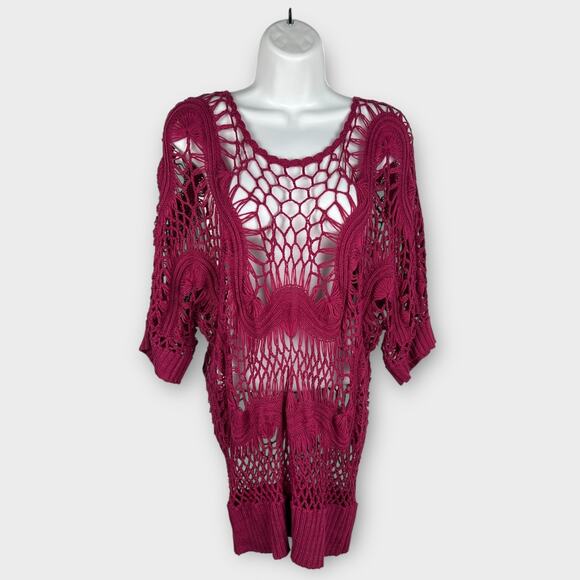 Fever Dark Pink Crochet Dolman Sleeve Boho Festival Y2K Top Large - Picture 1 of 7